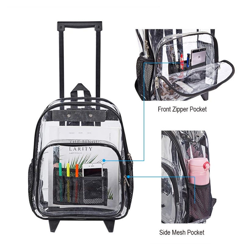 COVAX Rolling Clear Backpack, Heavy Duty See Through Bookbag, Transparent PVC Cold-resistant Backpack with Wheels (Black) - Image 4